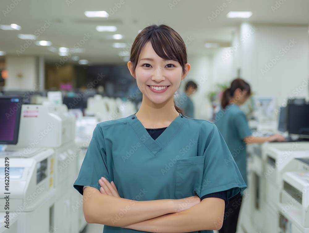 Obraz premium 腕を組んで笑顔を見せる女性医療従事者