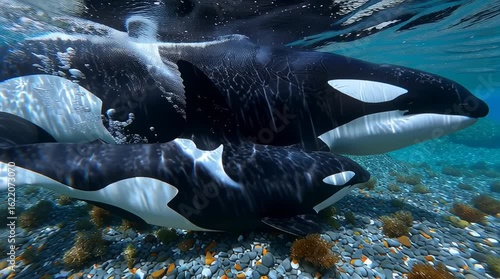Two orcas leaping from the ocean, with snow-capped mountains in the background, photo-realistic in the style of a realistic painter