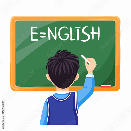 Elementary student writing English words on a blackboard, viewed from behind