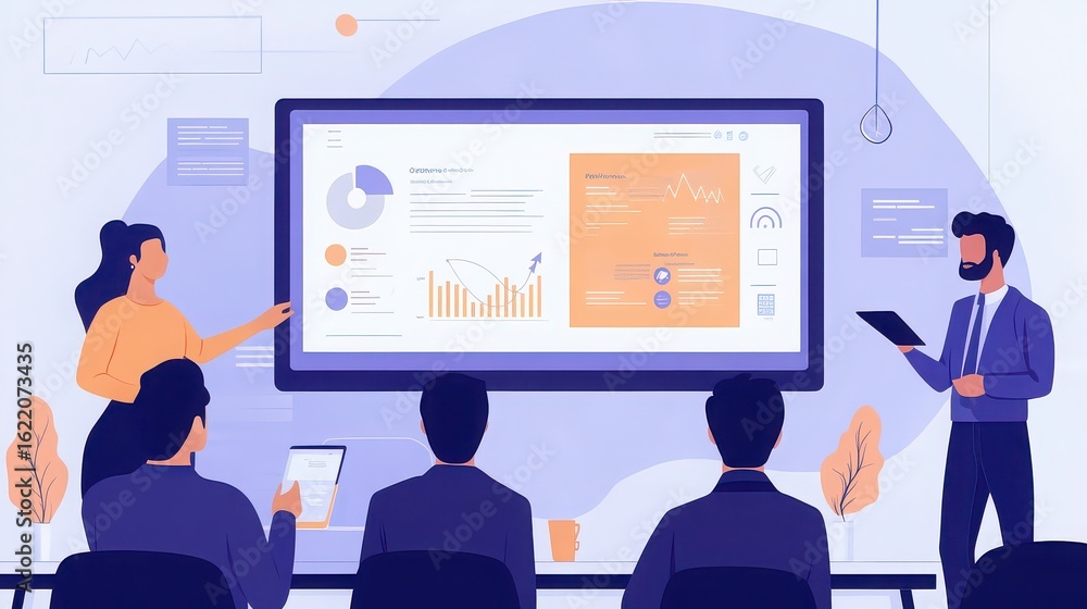 Business presentation with charts and graphs on a large screen with team members in attendance Business presentation with charts and graphs on a large screen with team members in attendance