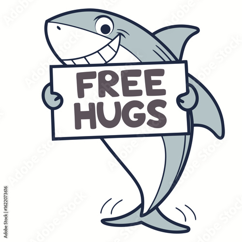 Cute cartoon shark holding a sign that says free hugs isolated on white background