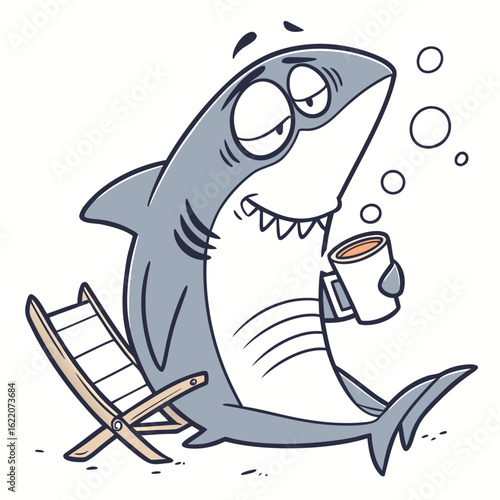 Tired cartoon shark with coffee cup and deck chair isolated on white background