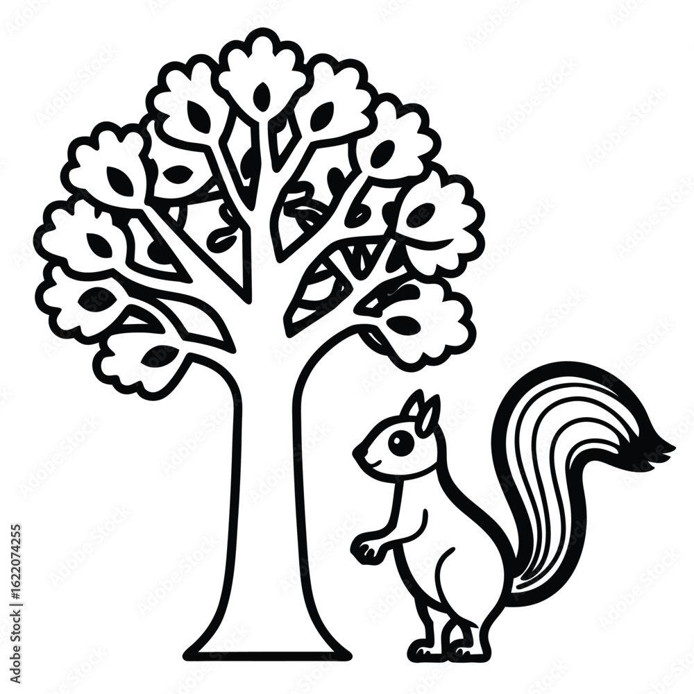 Fototapeta premium A happy squirrel stands by a large leafy tree in the forest