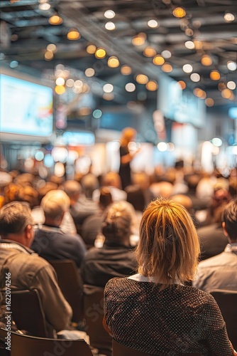 Conference Speaker Addressing Attendees in Large Convention Hall