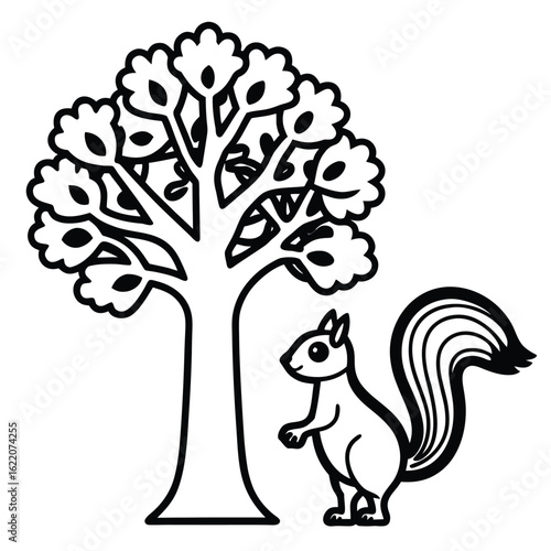 A happy squirrel stands by a large leafy tree in the forest