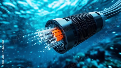 Underwater fiber optic cable with glowing light transmitting data through ocean water, showcasing advanced technology and seamless data transmission