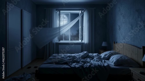 Dark bedroom with open window and blowing curtain at night, full moon visible, a horror atmosphere footage.