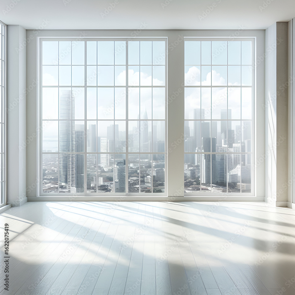 Fototapeta premium Bright, airy interior features large windows offering a sweeping city skyline view on a sunny day.