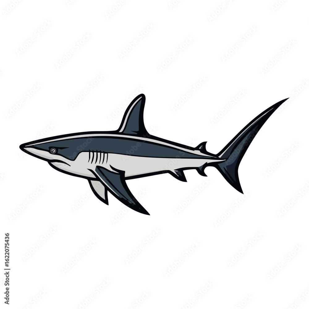 Naklejka premium Dynamic Blue-Grey Shark Mascot Illustration in a Sleek, Powerful Swimming Pose