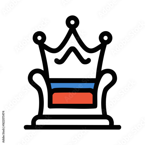 Boldly Outlined Royal Throne Icon with a Crown-Shaped Back and Colorful Cushions