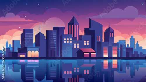 The calm before the night the citys buildings basking in the light of dusk reflected in the still waters below.