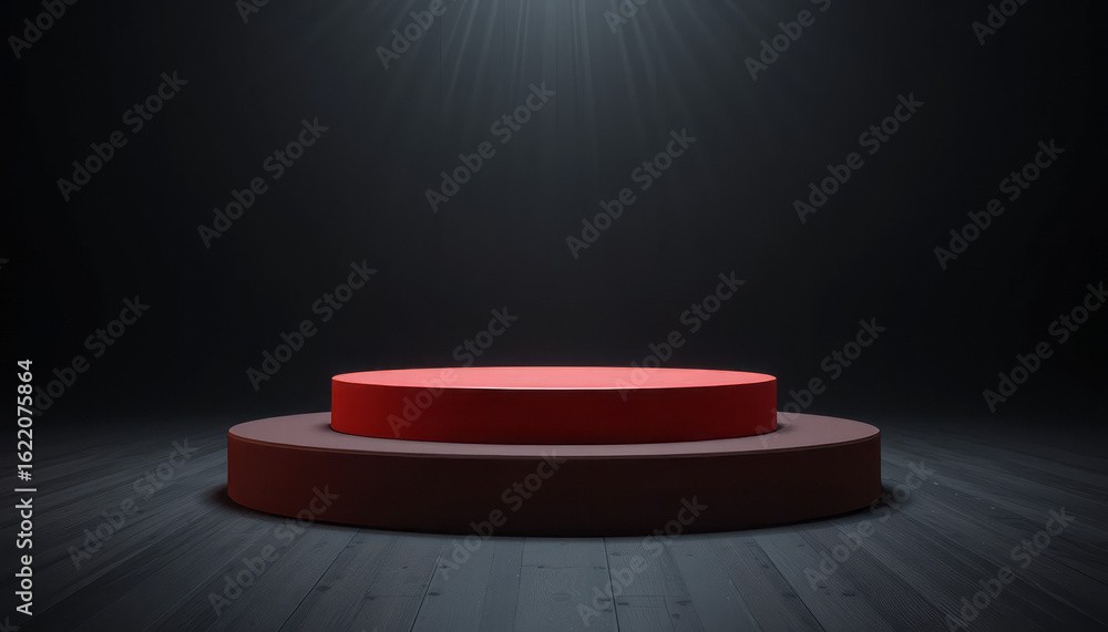 Obraz premium Illuminated red and brown stage podium on a dark wooden floor, inviting and presentation focus.