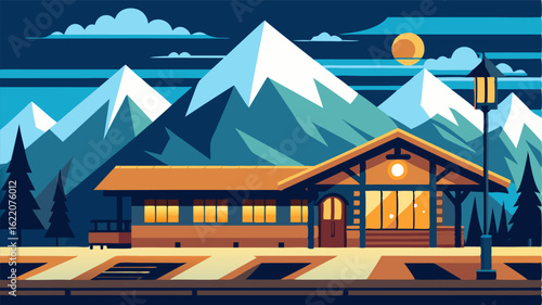 Set against a stunning backdrop of snowy mountains the train station exudes a cozy warmth with its wooden architecture and glowing lights.