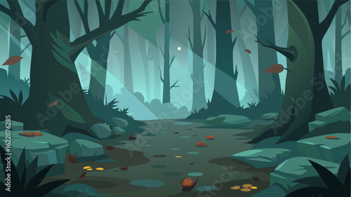 The misty forest floor tered with fallen leaves and hidden secrets within the fog.