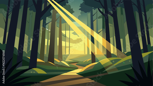 Rays of sunlight peek through the dense forest creating a picturesque display of light and shadows.