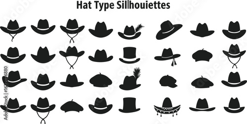 Hat type silhouettes, various headwear designs in black vector style, cowboy hats, top hats, fedoras, fashion accessories, retro style clip art