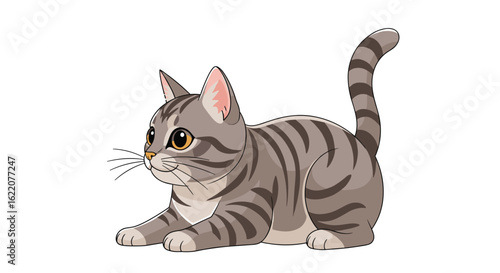A cute gray tabby cat with big yellow eyes in a playful crouching position ready to pounce on an unseen toy
