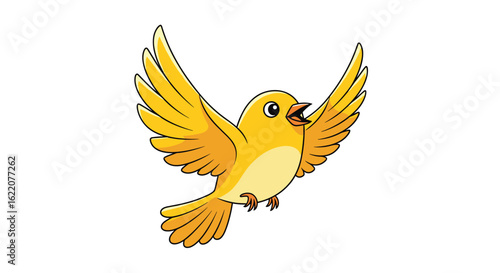 A cheerful little yellow bird soaring through the sky with wings spread wide open