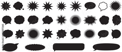 Vector comic explosion speech bubble shapes and starburst silhouettes in black. Perfect for graphic design, comic book art, pop art, digital illustrations, and fun creative projects
