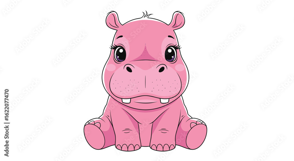 Fototapeta premium Cute pink baby hippopotamus sitting contented enjoying its day looking directly forward