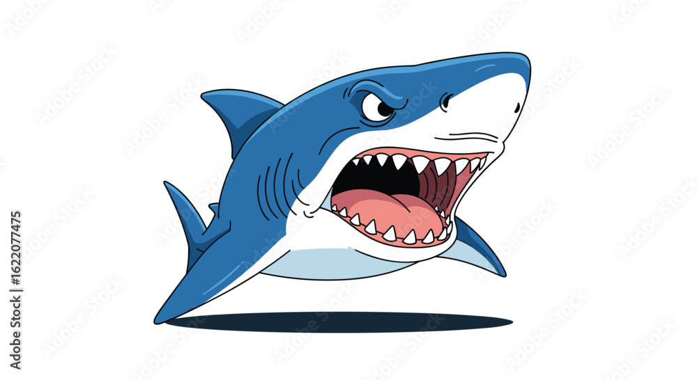A fierce cartoon great white shark with its mouth wide open and teeth bared ready to devour prey A fierce cartoon great white shark with its mouth wide open and teeth bared ready to devour prey