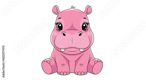 Cute pink baby hippopotamus sitting contented enjoying its day looking directly forward
