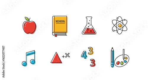 A collection of educational icons representing various school subjects and learning activities