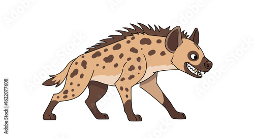 A cartoon illustration of a spotted hyena walking with its mouth open and teeth bared in a menacing grin showing its powerful jaws and sharp canine teeth in a side profile view on a white background