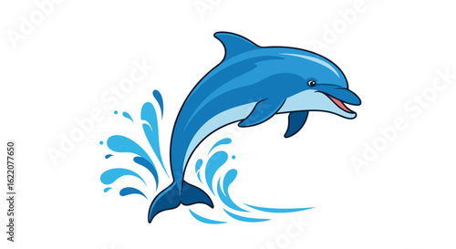 Capturing the joyful leap of a blue dolphin through vibrant pixel art and dynamic water splashes