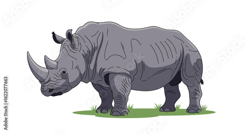 Pixel art rhinoceros standing on grassy ground on a white background