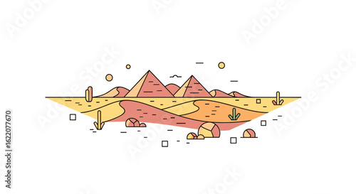Captivating desert landscape featuring iconic pyramids and cacti under a clear sky