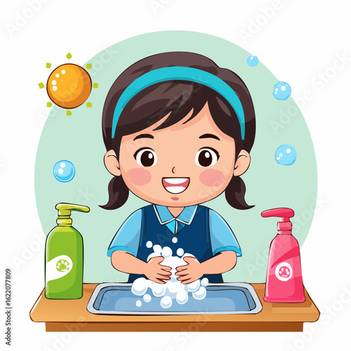 Children washing hands with soap, educational illustration, cheerful style