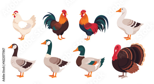A collection of farm birds including chickens roosters ducks geese and turkeys in a pixel art style