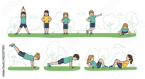 Children engaging in diverse physical activities and sports outdoors on a sunny day
