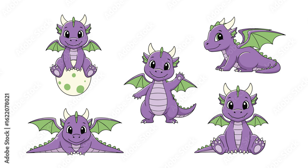 Obraz premium Adorable baby dragon illustrations with big expressive eyes and small wings perfect for fantasy themes and children's book designs