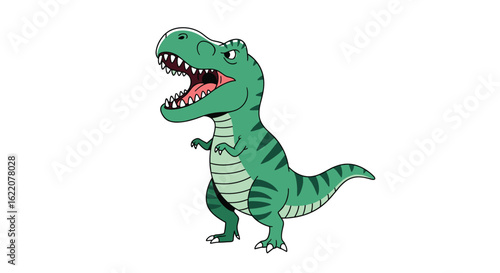 An animated green tyrannosaurus rex dinosaur dancing joyfully and expressing excitement with its mouth wide open and roaring loudly a fun and energetic display