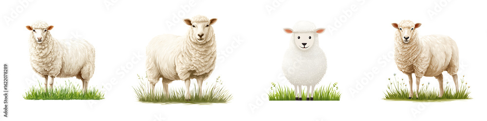 Fototapeta premium Watercolor Sheep Collection: Cute Lambs on White