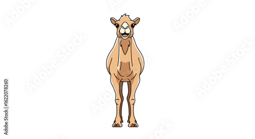 A front facing pixel art illustration of a dromedary camel standing tall and proud against a pure white background showcasing its iconic hump and desert adaptation features in a charming retro style