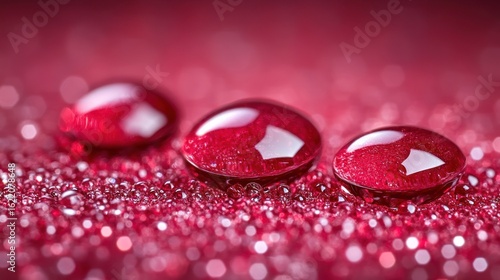 Wallpaper Mural Three glistening droplets on a textured crimson surface Torontodigital.ca