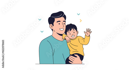 A joyful father happily holds his adorable smiling child while waving hello with a playful expression
