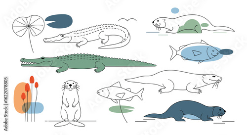 An engaging collection of animals for children featuring a vibrant crocodile and other wildlife companions