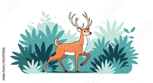 Majestic stag with antlers wandering through lush greenery during daytime