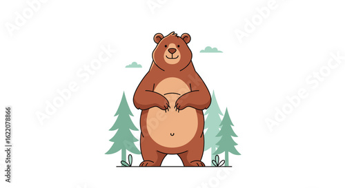 Chubby furry brown bear standing tall in a pine forest under a cloudy sky