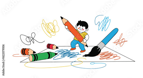 Young artist enthusiastically creates vibrant artwork using large drawing tools and colorful supplies inspiring childhood creativity and artistic expression