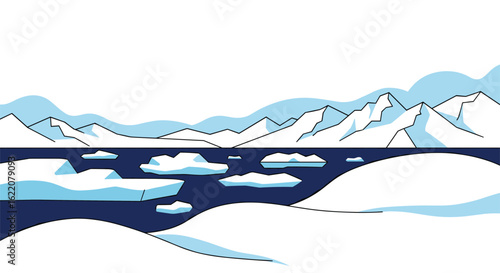 Majestic arctic icebergs floating in deep blue water against a snowy mountain backdrop