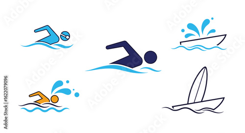 Collection of aquatic sport icons featuring swimmers and watercraft in dynamic water settings