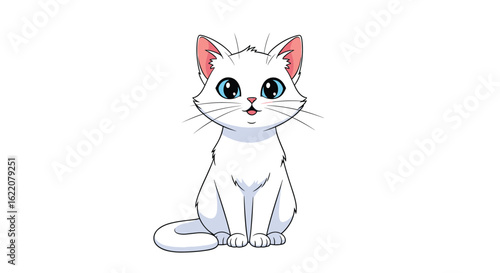 An adorable fluffy white kitten sitting patiently with big blue eyes and pink ears looking directly forward