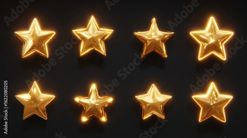 Gold stars glowing on a dark background.  Set of 9 glowing stars