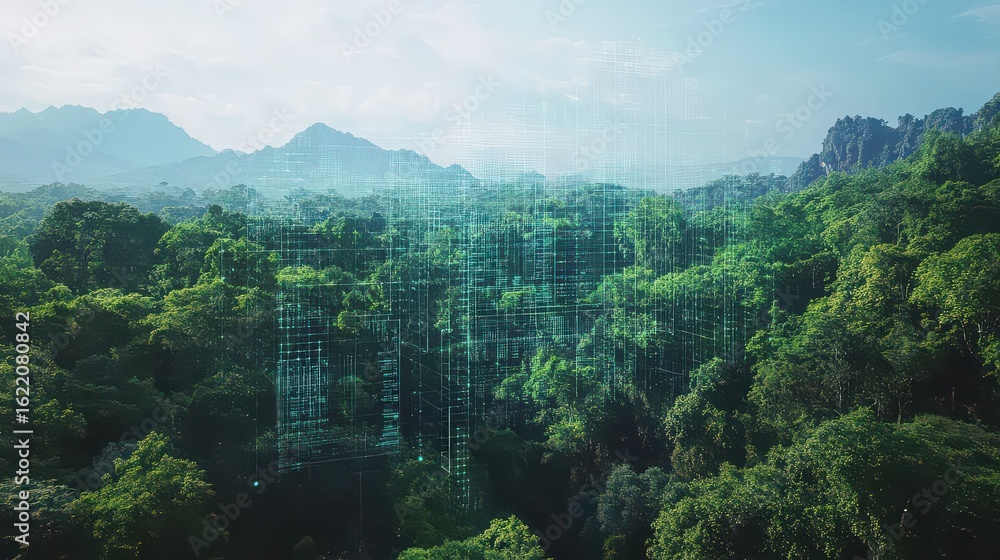 Fototapeta premium Aerial view of lush green forest with mountains and digital grid overlay on the treescape scene