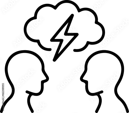 Two people in silhouette facing each other with a lightning bolt in a thought bubble above them symbolizing conflict or disagreement